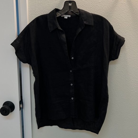 James Perse Linen Blend Short Sleeve Buttoned Shirt, Black, Size 0 - Picture 1 of 4